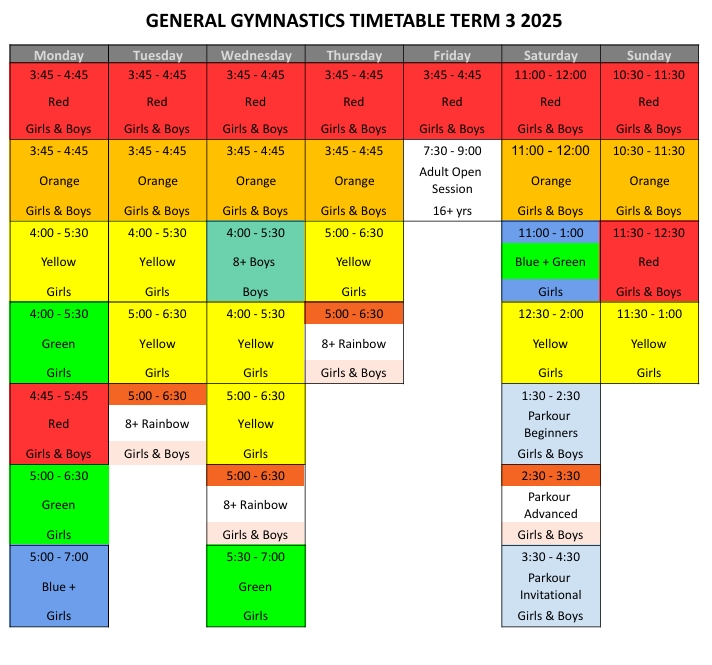 General Gymnastics Term 3 Timetable